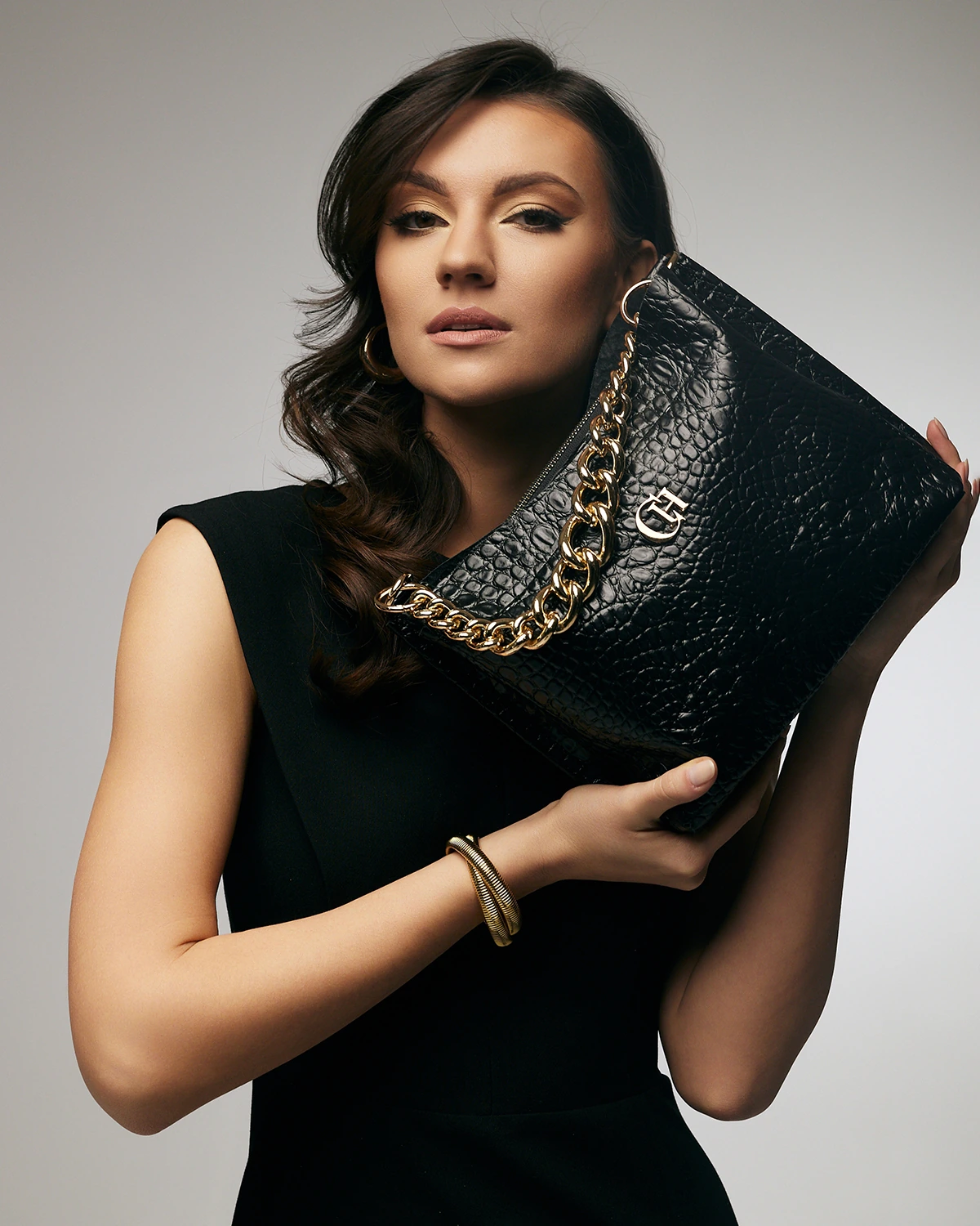 Torebka SABA - Czarna Skóra Croco