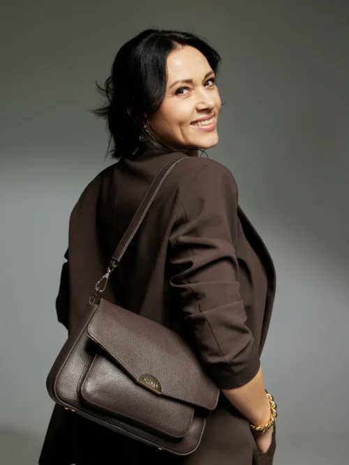 Torebka Listonoszka "JOY" - Skóra Naturalna Groszkowa, Czekolada