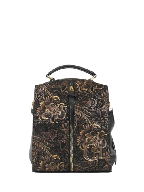 Plecak Torebka FEDELE Czarny w Złote Kwiaty